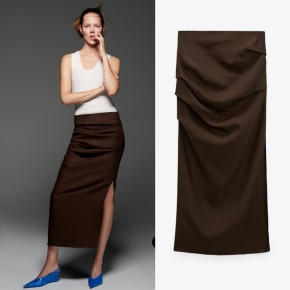 New Zara Draped High Waist Linen Blend Limited Edition Brown Midi Skirt Small - Picture 1 of 12